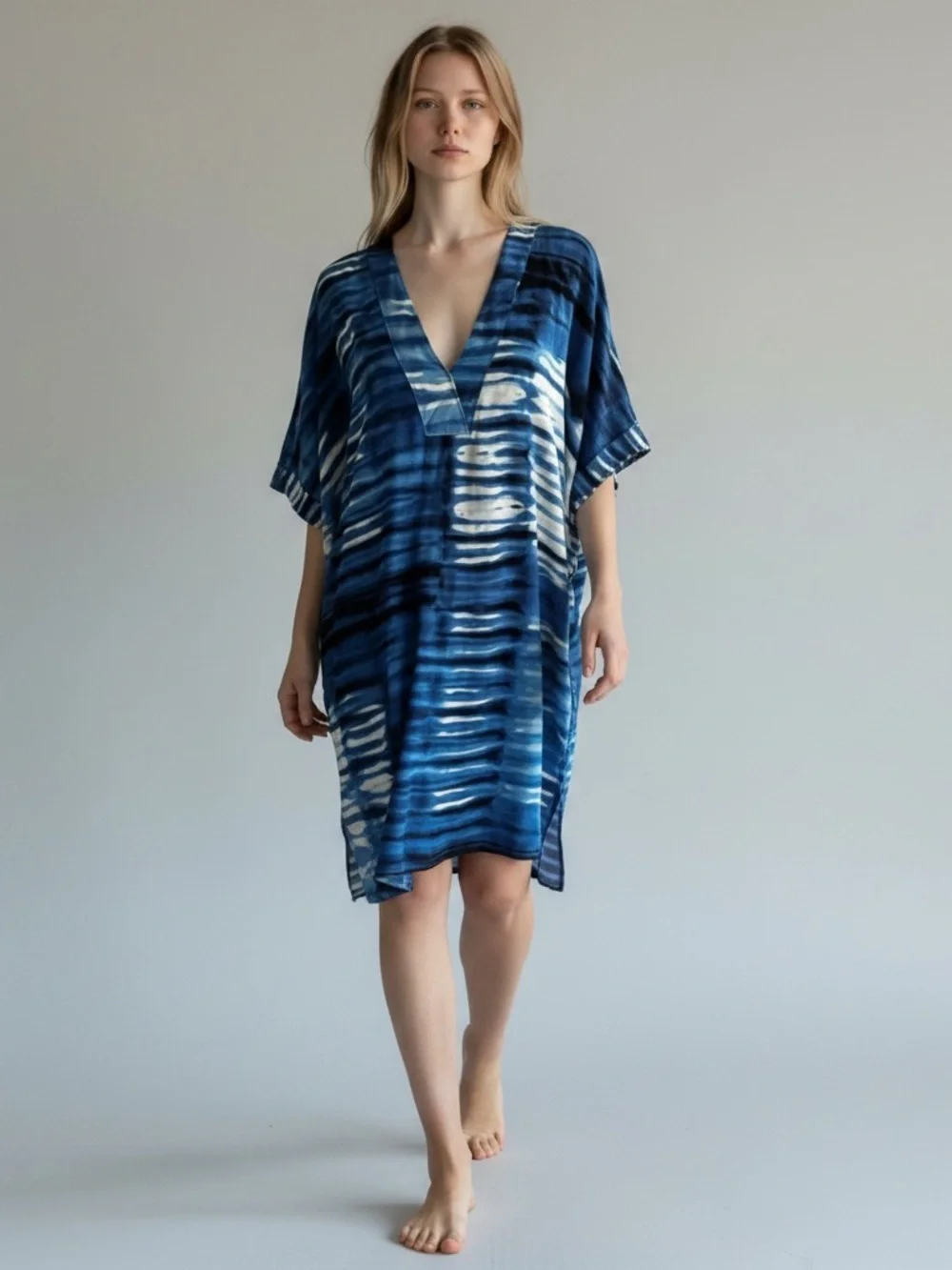 NATORI Blue White Tie-Dye V-Neck Swim Coverup Mini Dress Resort L Pool Beach